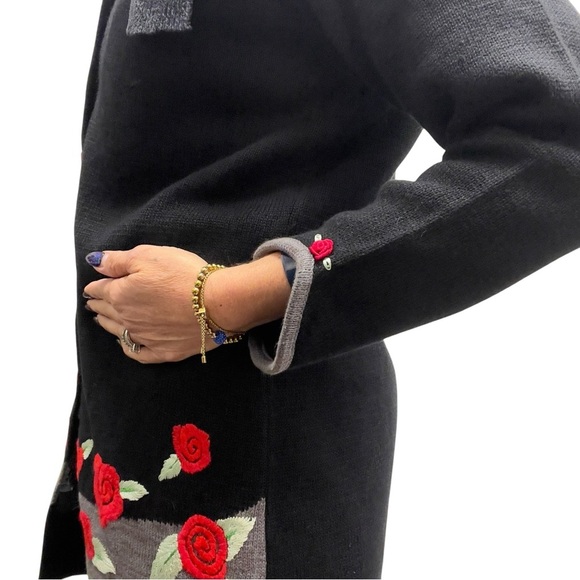 Storybook Knits Vintage Long Embroidered Rose Floral Teacher Cardigan Sweater - Picture 9 of 17